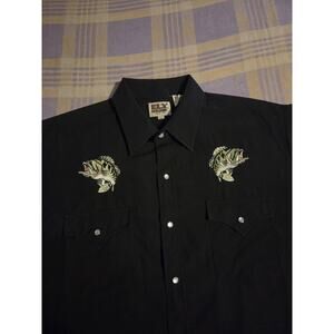 Ely Cattleman Western Cowboy Black Fish Long Sleeve Pearl Snap Shirt XL 90s